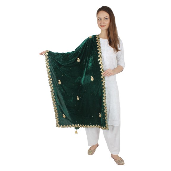 BOTTLE GREEN Velvet Scarf Gota Patti Four Side Work Party Wear Dupatta/Chunni Shawl