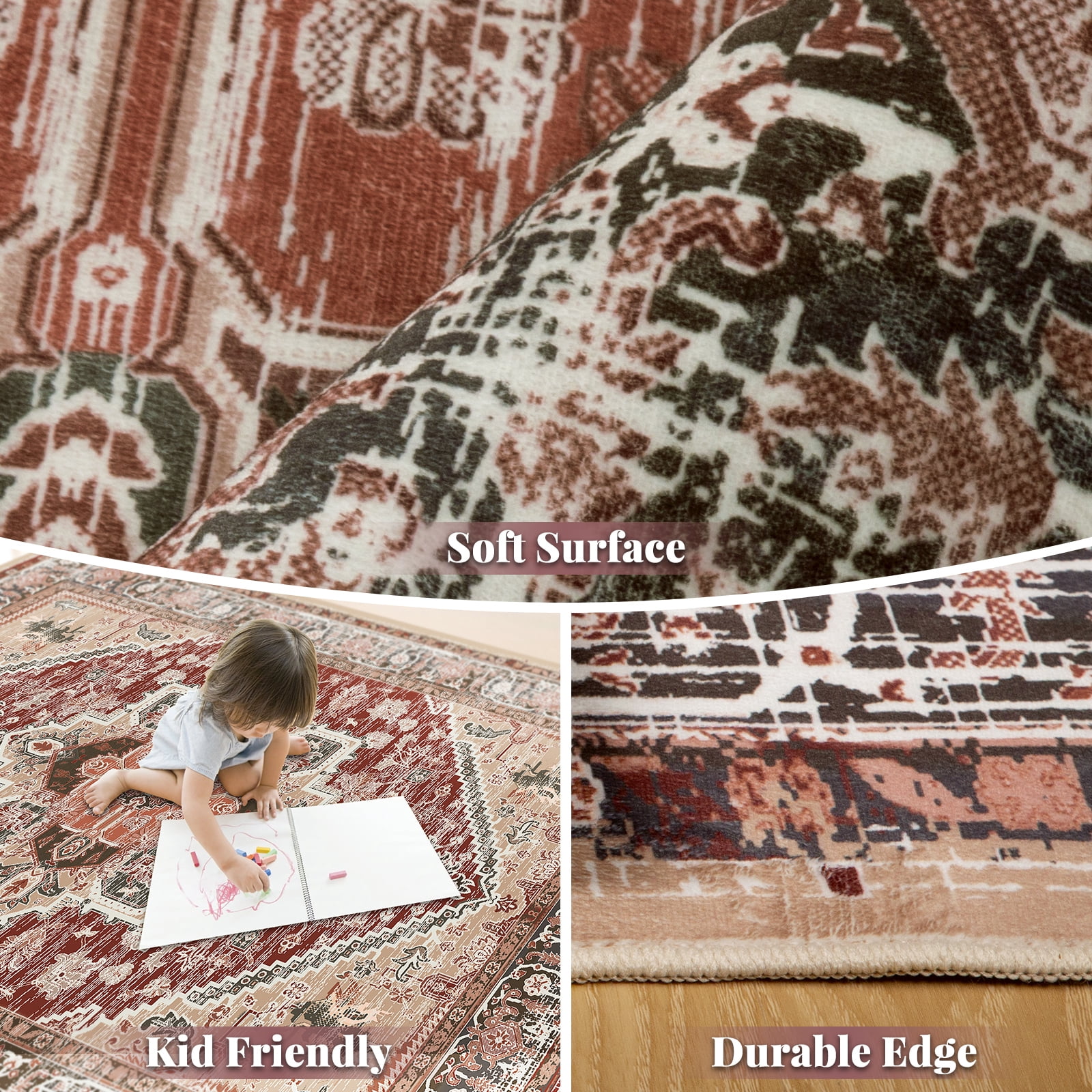 3'x5' Area Rugs, Machine Washable Non Slip Area Rug for Kitchen, Soft Low Pile Vintage Print Pattern Indoor Bathroom Thin Carpet, Burgundy