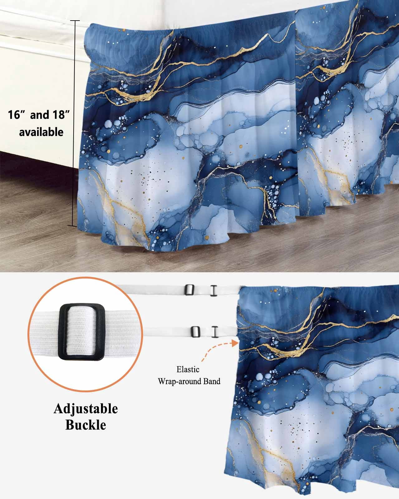 Marble Blue Wrap Around Bed Skirts for Queen Bed 16" Drop,Bed Skirt with Adjustable Elastic Belt Dust Ruffle Bed Valance for Bedroom Hotel Modern Gradient Gold Waves Nature Cracked Bed Frame Cover