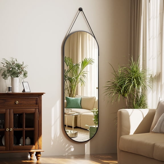 BEAUTYPEAK 48" x 16" Full Length Mirror Oval Hanging Wall Mirror with Leather Strap,Black