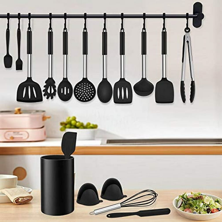 Homikit 27 Pieces Silicone Cooking Utensils Set with Holder, Kitchen  Utensil Sets for Nonstick Cookware, Black Kitchen Tools Spatula with  Stainless Steel Handle, Heat Resistant 