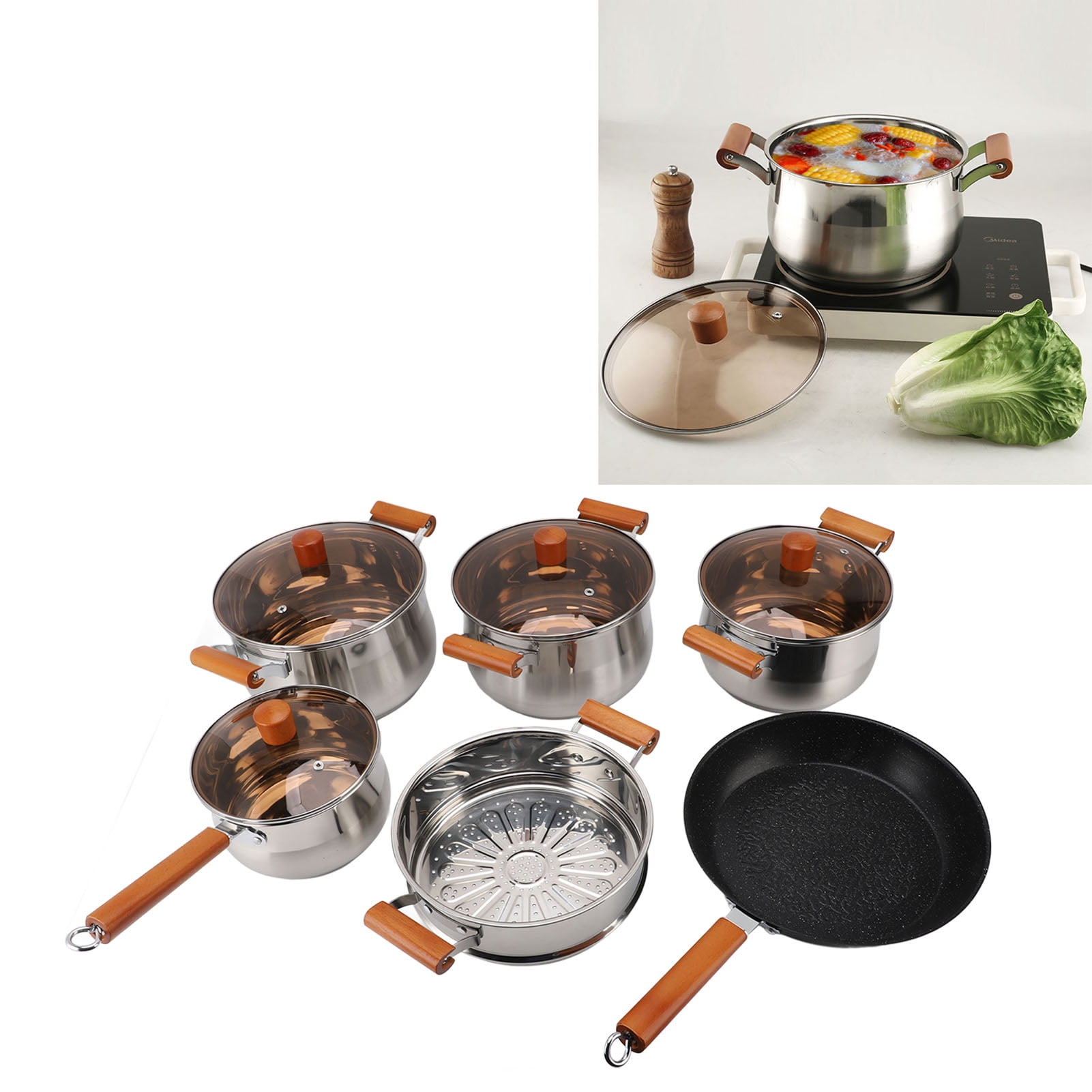 Kitchen Cooking Set, Stainless Steel Body Multifunctional Cooking Set Fine Workmanship  for Steaming Boiling Making Soup