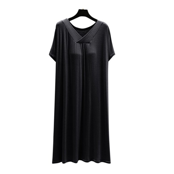 MGDXOX Women's Plus Size V-Neck Short Sleeve Nightgown Loose Fit Soft Sleep Dress with Pockets for Loungewear Black L