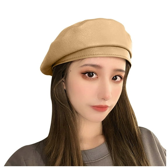 Prolriy Flat Cap Beret Hats for Women Beret Beret French Cap Artist Beret Faux Beret Women Hat Leather Womens Hats Khaki