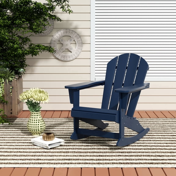 FADINGFREE Outdoor Patio Rocking Chair, All-Weather HDPE Patio Rocker with Wide Armrests for Porch, Lawn & Garden, Navy Blue