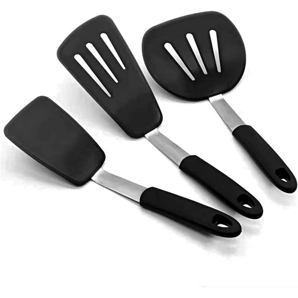Juego de 3 espátulas para cocinar. Espátula flexible resistente al calor de 600 °F. La espátula de goma de una sartén antiadherente se utiliza para freír huevos y panqueques (negro)