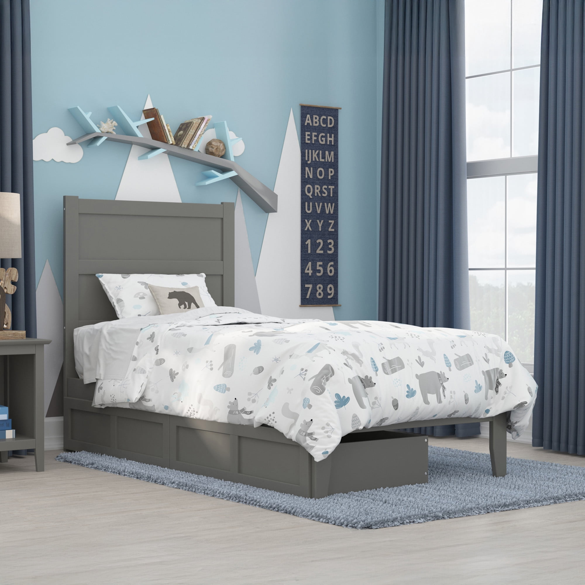 AFI NoHo 14" Twin Wood Platform Bed Frame with Set of 2 Storage Drawers, Grey