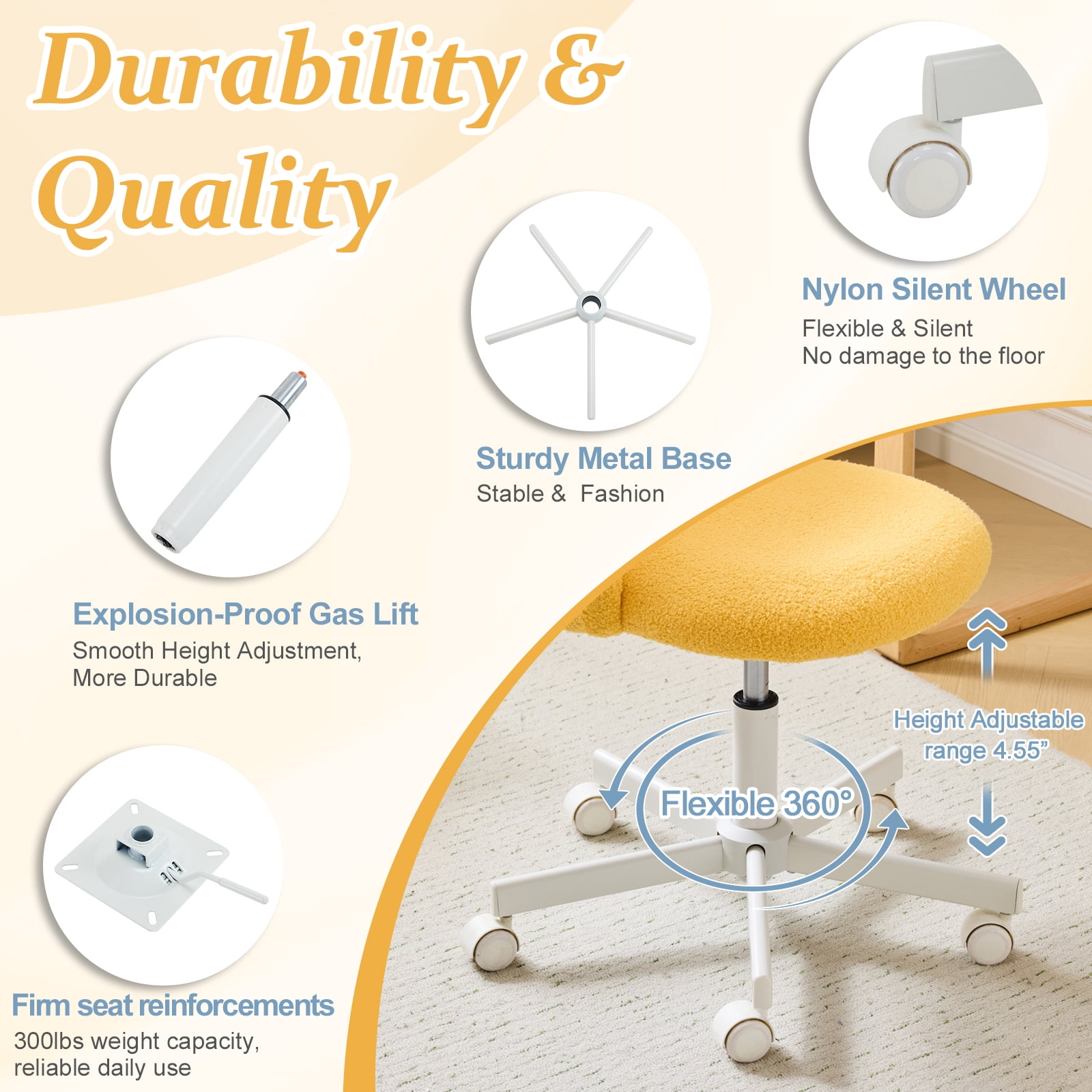 Ktaxon Armless Home Office Desk Chair Cute Mid Back Vanity Stool Teddy Velvet Swivel Task Chairs with Wheels Yolk Yellow