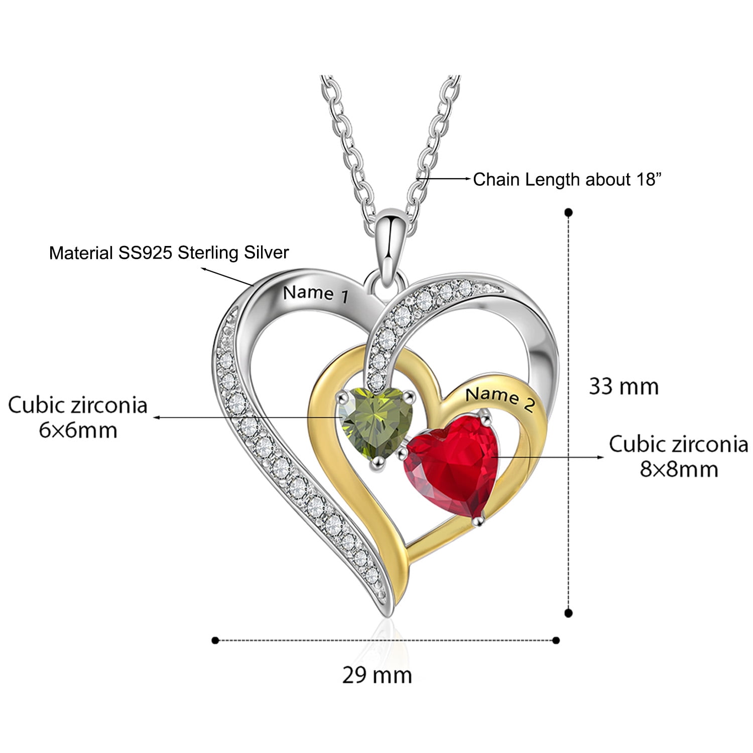Mementos Personalized Sterling Silver Family Women's Necklace with 2 Birthstones and Names