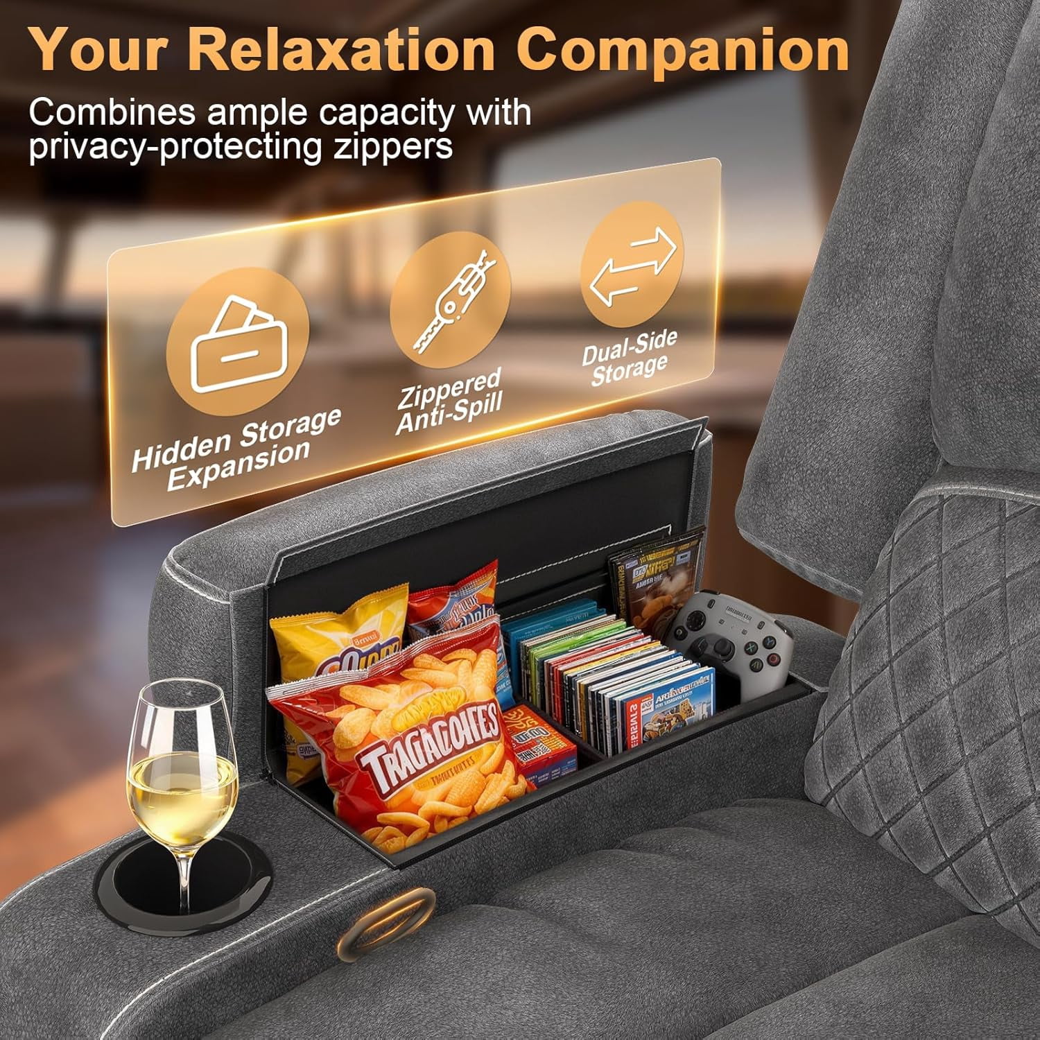 Oversized Manual Recliner Chair, 3X Home Theater Seating, RV Single Sofa w/ Storage & Cup Holder, for Living Room , Velvet Grey