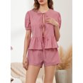 thumbnail image 3 of Musuos Women’s Summer Casual 2 Piece Outfits Puff Sleeve Tie Knot Front Tops + Elastic Waist Shorts Set Loungewear, 3 of 10
