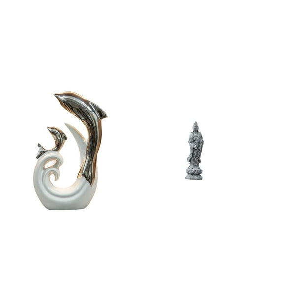escultura blanca plateada,Estatua de delfín de cerámica,escultura blanca plateada,Estatua de Guan Yin,Estatua de Guan Yin para decoración del hogar,obra de arte artesanal,Figura de escultura