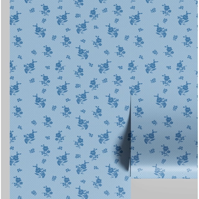 S4sassy Self-Stick Decorative Wallpaper, Dotted Leaf Blossom Print Wall Paper, Textured Vinyl Waterproof Contact Paper, Blue, 25"x360" Removable Renter Friendly Wall Covering For Bedroom, Livingroom