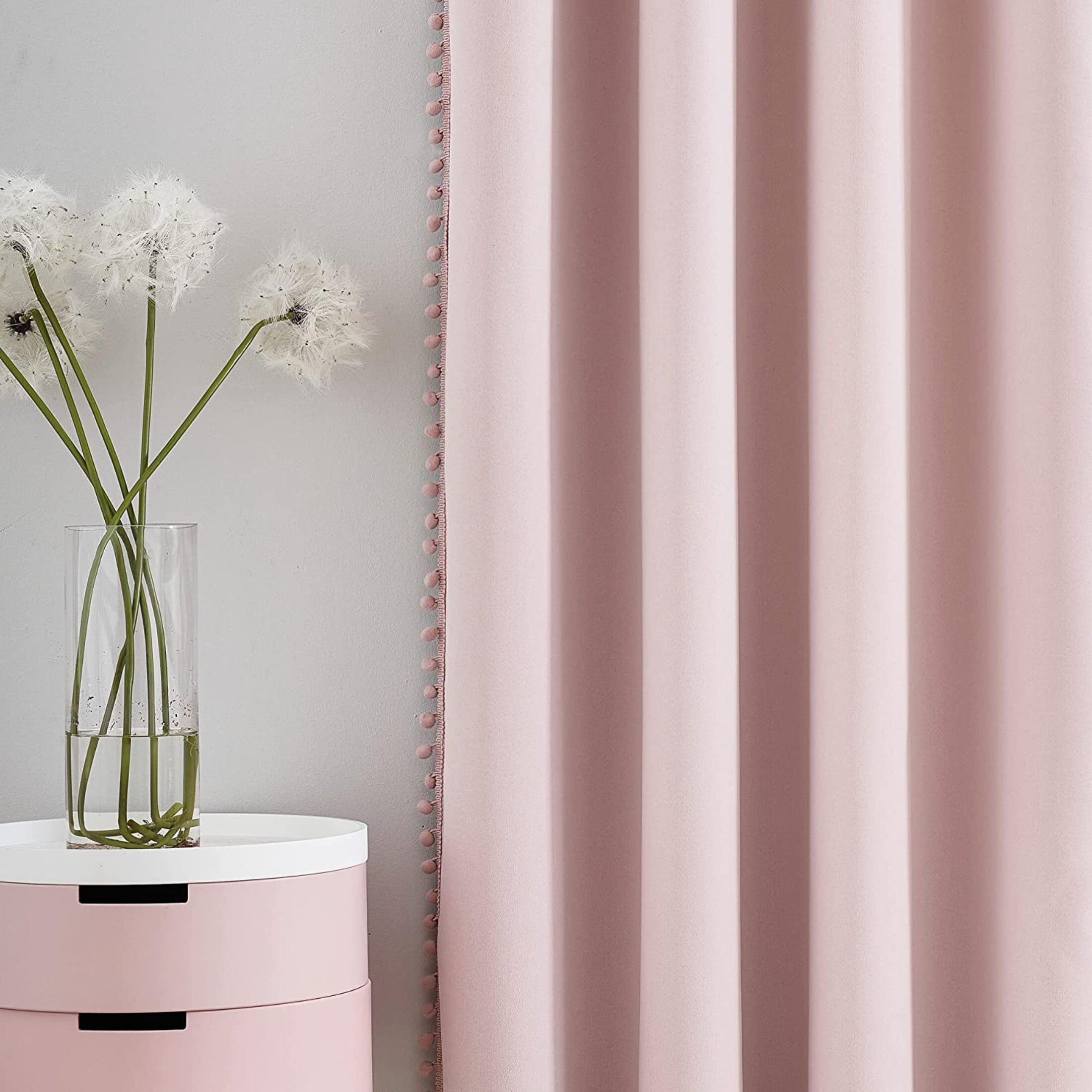 Flowpartex Pom Pom Energy Efficient Blackout Curtains, Set of 2 Solid Grommet Window Drapes for Kids Bedroom Living Room, Light Blocking Thermal Insulated, Pink, 52"W x 84"L