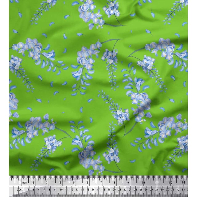 Soimoi Green Poly Georgette Fabric Leaves & Orchids Floral Printed Fabric 1 Yard 52 Inch Wide
