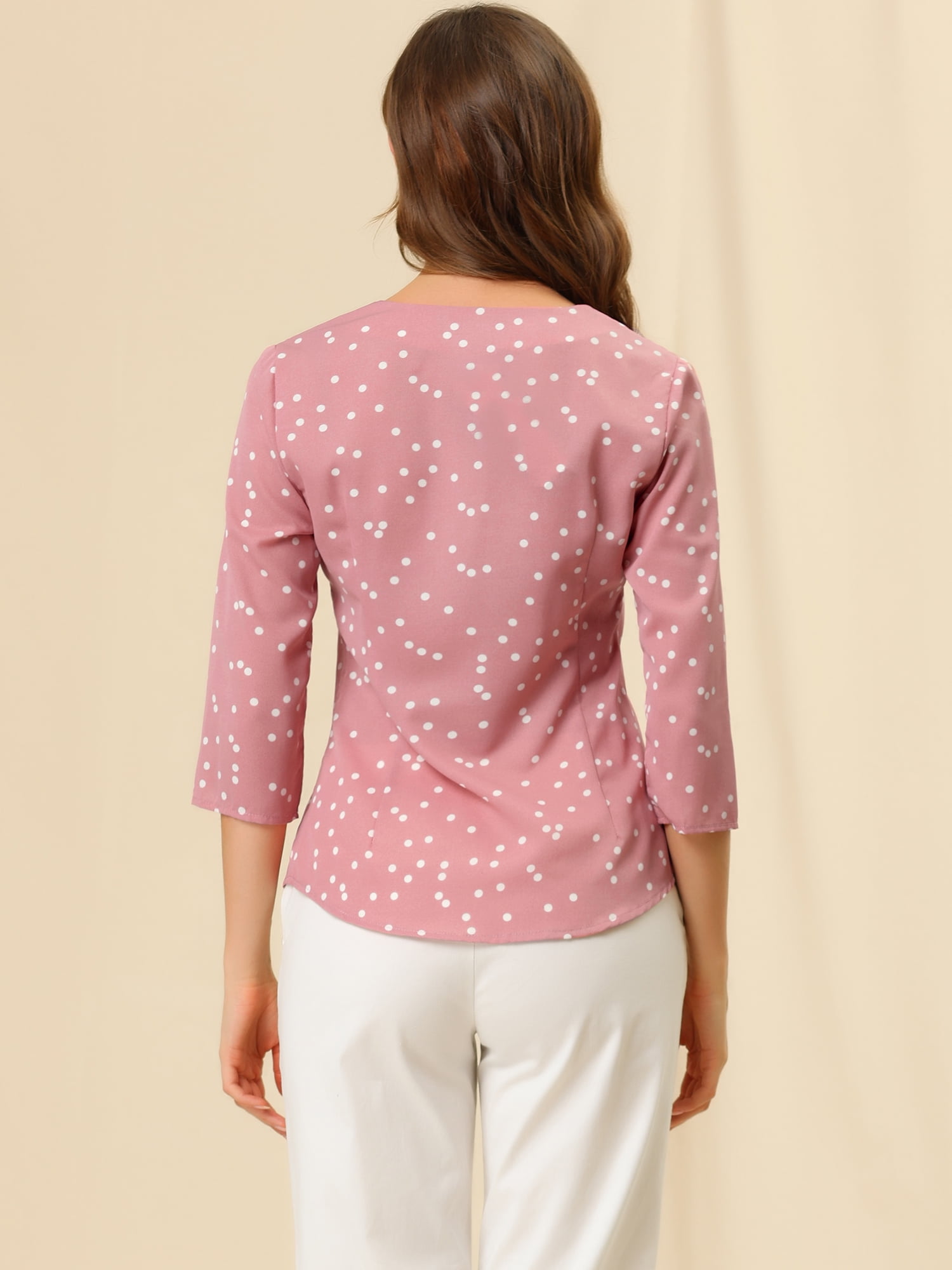 DARING DIVA Women's V Neck Polka Dots 3/4 Sleeve Casual Button Blouse XS Pink