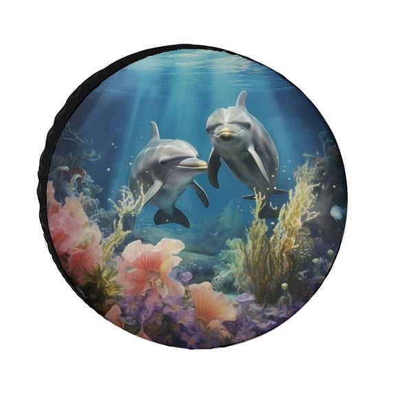 Camper Spare Tire Cover 12inch Two Dolphins With Plants Under An Ocean Wheel Tire Cover for Travel Trailers Protectors Weatherproof Dust-Proof Dolphin Lover for Fit for SUV Truck Travel Trailer