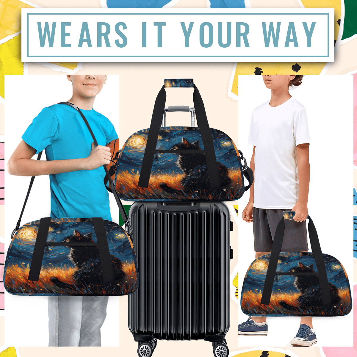 Herdesigns Funny Cat Sports Duffle Bag for Women & Men, Unique Cat Gym Bag Dance Bag Overnight Bag Carry On Weekender Travel Bag