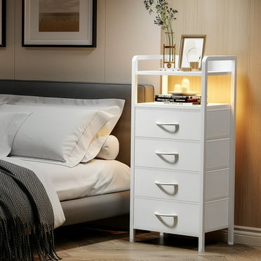 Bestco LED Nightstand End Table with Charging Station & 4 Drawers for Bedroom White
