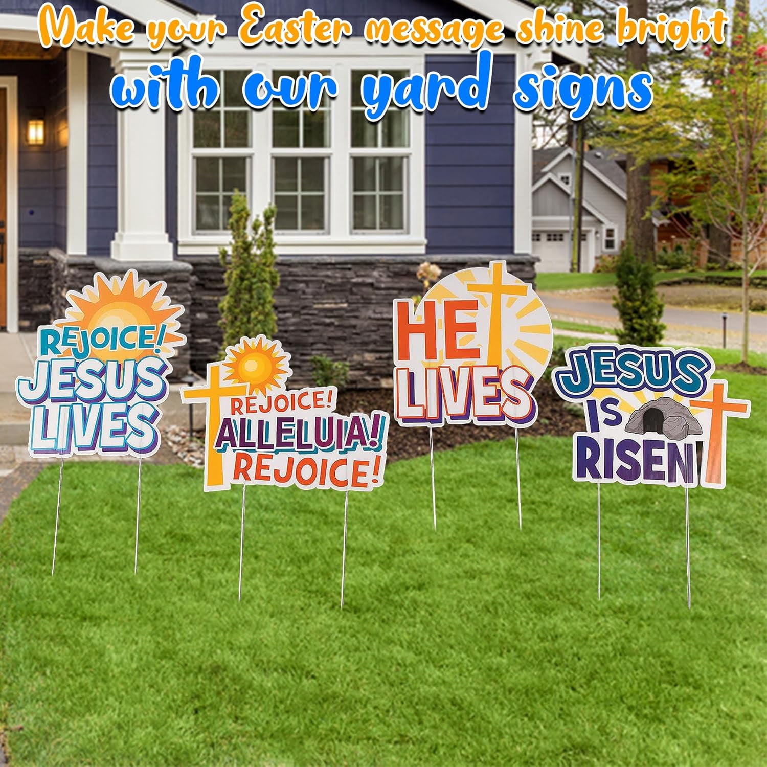 Fun Express 4 Pieces He Is Risen Yard Signs for Easter, Religious Easter Decor, Home Decor