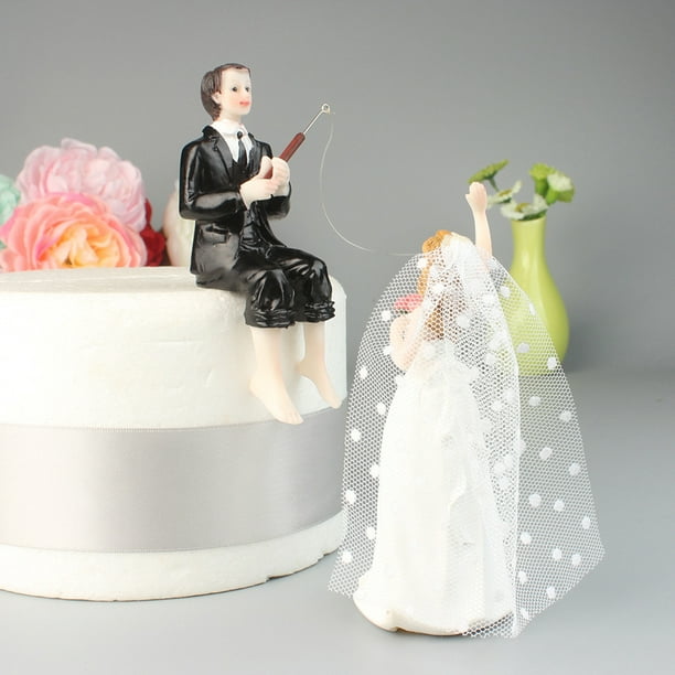 2pcs Couple Fishing Bride Groom Resin Romantic Fishing Bride Cake
