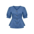 thumbnail image 4 of Women V-Neck Button Tops Short Sleeve Lace Hem Fashion T-Shirt Summer Temperament Casual Outfit,Blue,XXL, 4 of 7