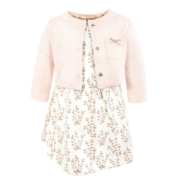 Hudson Baby Infant and Toddler Girls Cotton Dress and Cardigan Set, Pink Taupe Floral, 0-3 Months