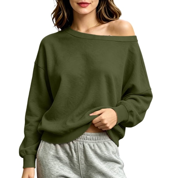 Women's Sports Sweatshirt Baeitkot Women's Winter Loose Shoulder Casual Sports Long Sleeved Pullover Sweatshirt Army Green XXXL