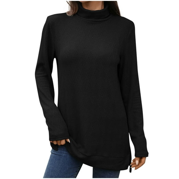 Bwiyojiz Fashion Clothing Sizes S-XXL Knitting Cotton Winter Tops for Women Women's Solid Color Long Sleeved High Neck Loose Slit Fall and Top, Gifts for Sister, Black, L