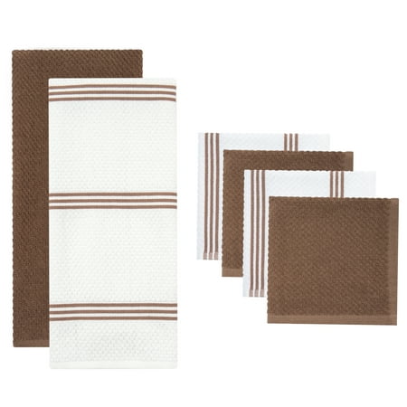 Sticky Toffee, 6 Pack, Cotton Terry Kitchen Towel and Dishcloth Set, Brown
