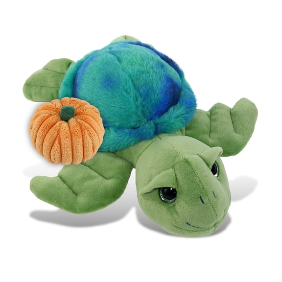 DolliBu Blue Tie-Dye Green Sea Turtle Stuffed Animal with Pumpkin Decor - Pumpkin Plush Animal for Fall, Halloween and Thanksgiving, Pumpkin Toy for Baby, Kids, Adults - 10 Inches