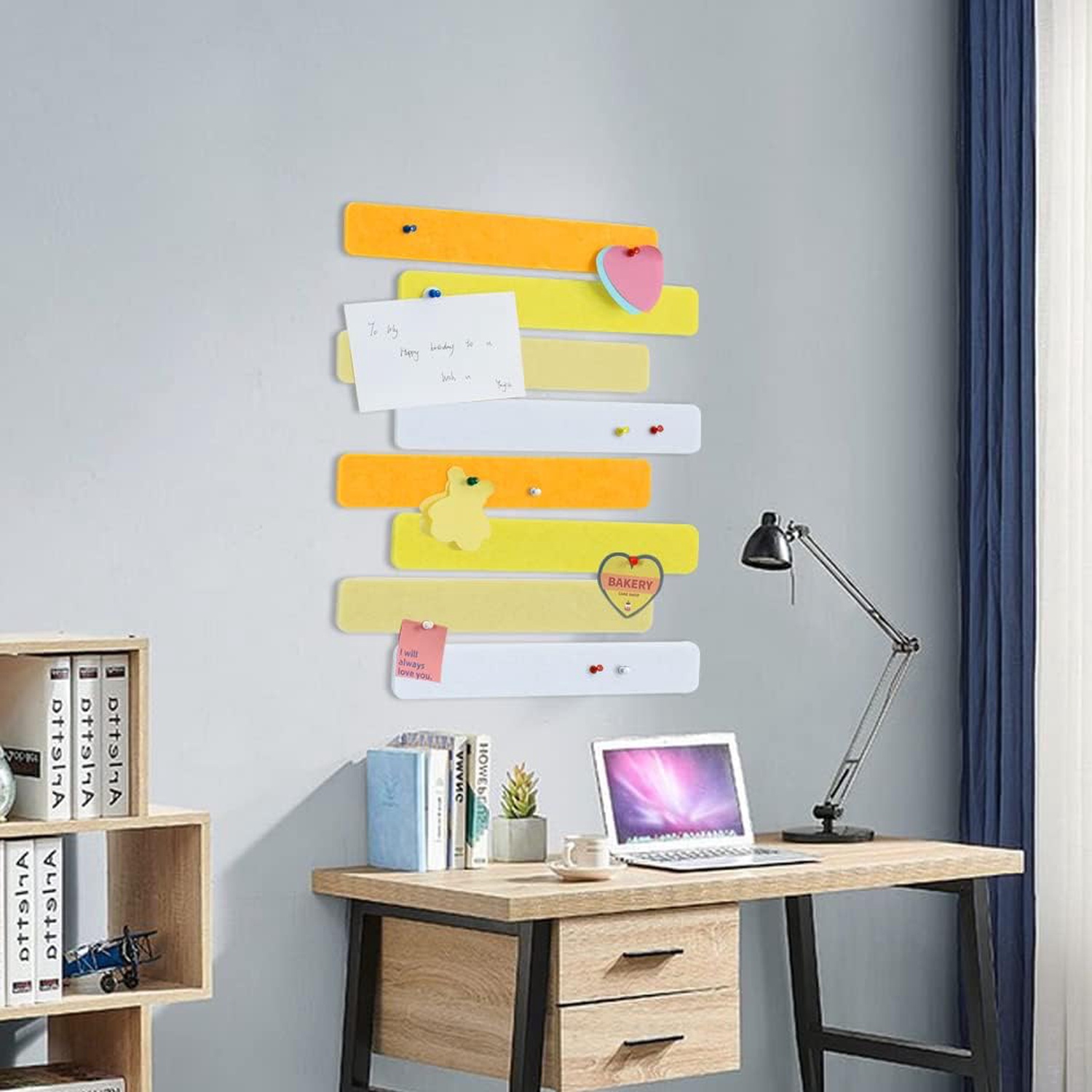 8 pcs Bulletin Board Bar Strips with 50 Pushpins，Self Adhesive Cork Board for Wall，Felt Pin Board for School，Office Decor(Yellow White)