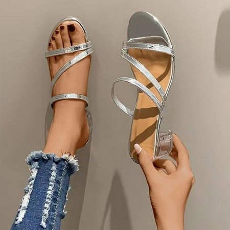

Aoujea Clearance Items Comfortable Sandals for Women Casual Beach Thick Heeled Fashionable Transparent Rhinestone Roman Slippers Silver 5.5