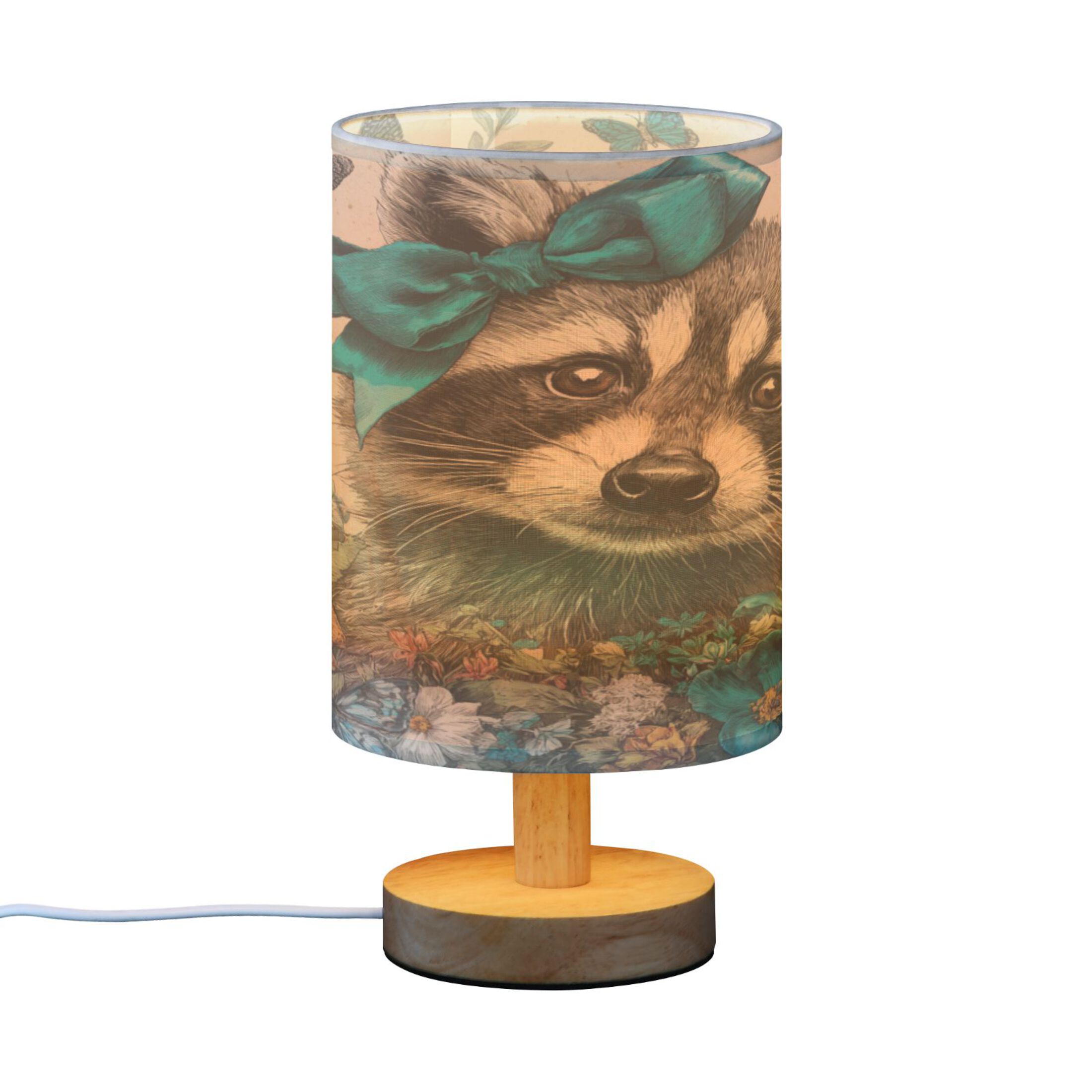 RMDQTR LED Push-Button Switch Warm-Tone Desk Lamp Plug-and-Play No Assembly Required Raccoon with A Blue Bow
