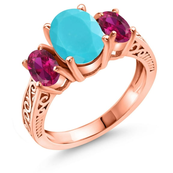 Gem Stone King 2.50 Ct Oval Green Turquoise Red Created Ruby 18K Rose Gold Plated Silver Ring (Size 8)