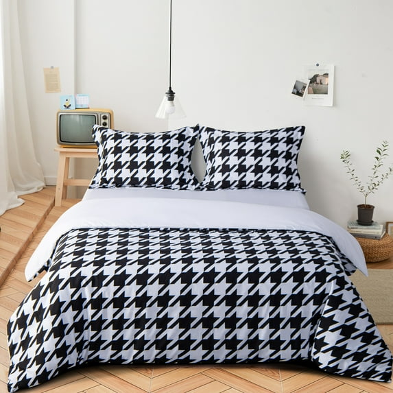 NTBAY Microfiber Queen Duvet Cover Set, 3 Pieces Soft Houndstooth Printed Cover Set with Zipper Closure and Corner Ties, Black and White