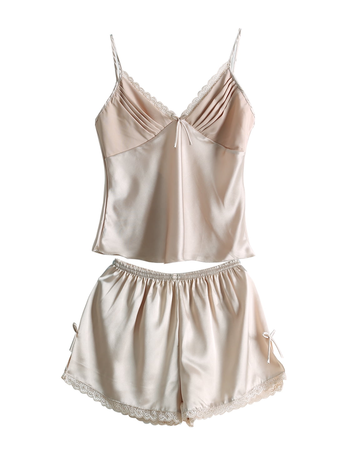 Women Lace Silk Satin Camisole Shorts Pajama Nightwear Sets Beige Xxl 