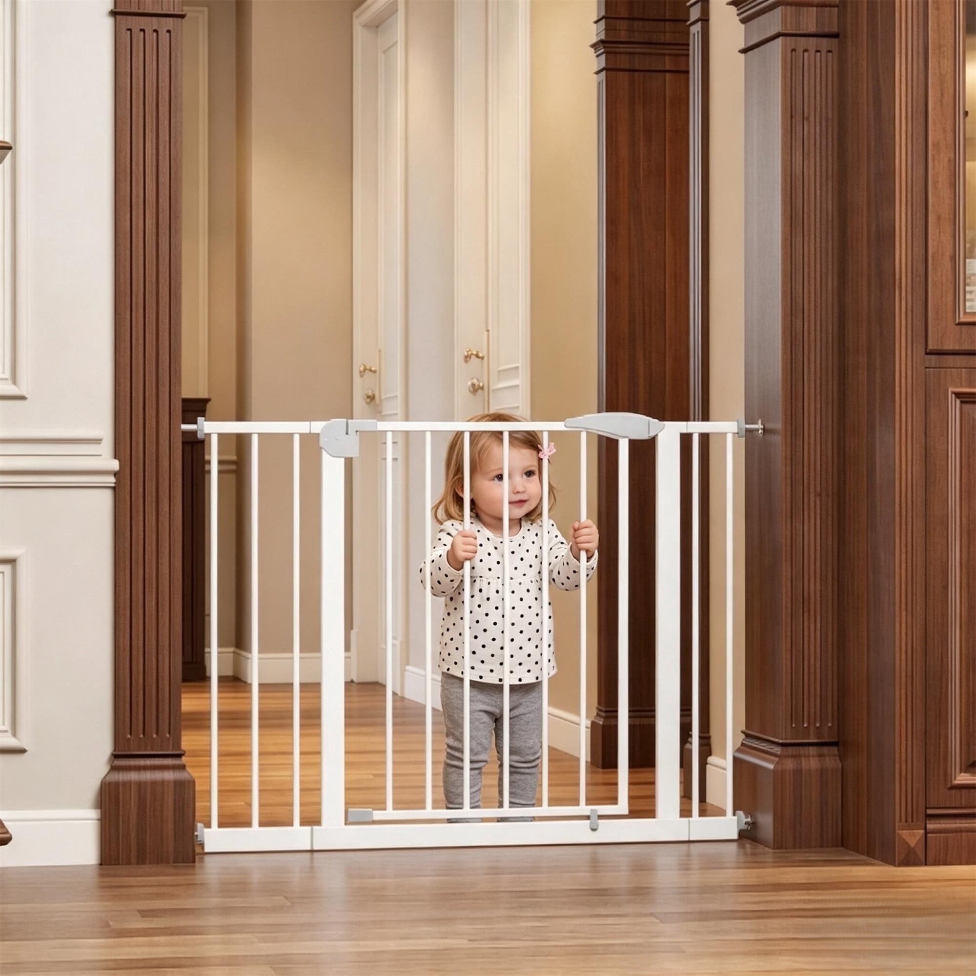 HOQBN 29.5-44.1" Wide Pet Gate for Stairs, 31.1" Tall Pressure Mount Baby Safety Gate, Adjustable Walk‑Through Steel Child Gate with Double‑Lock for Stairs Hallways Doorways White