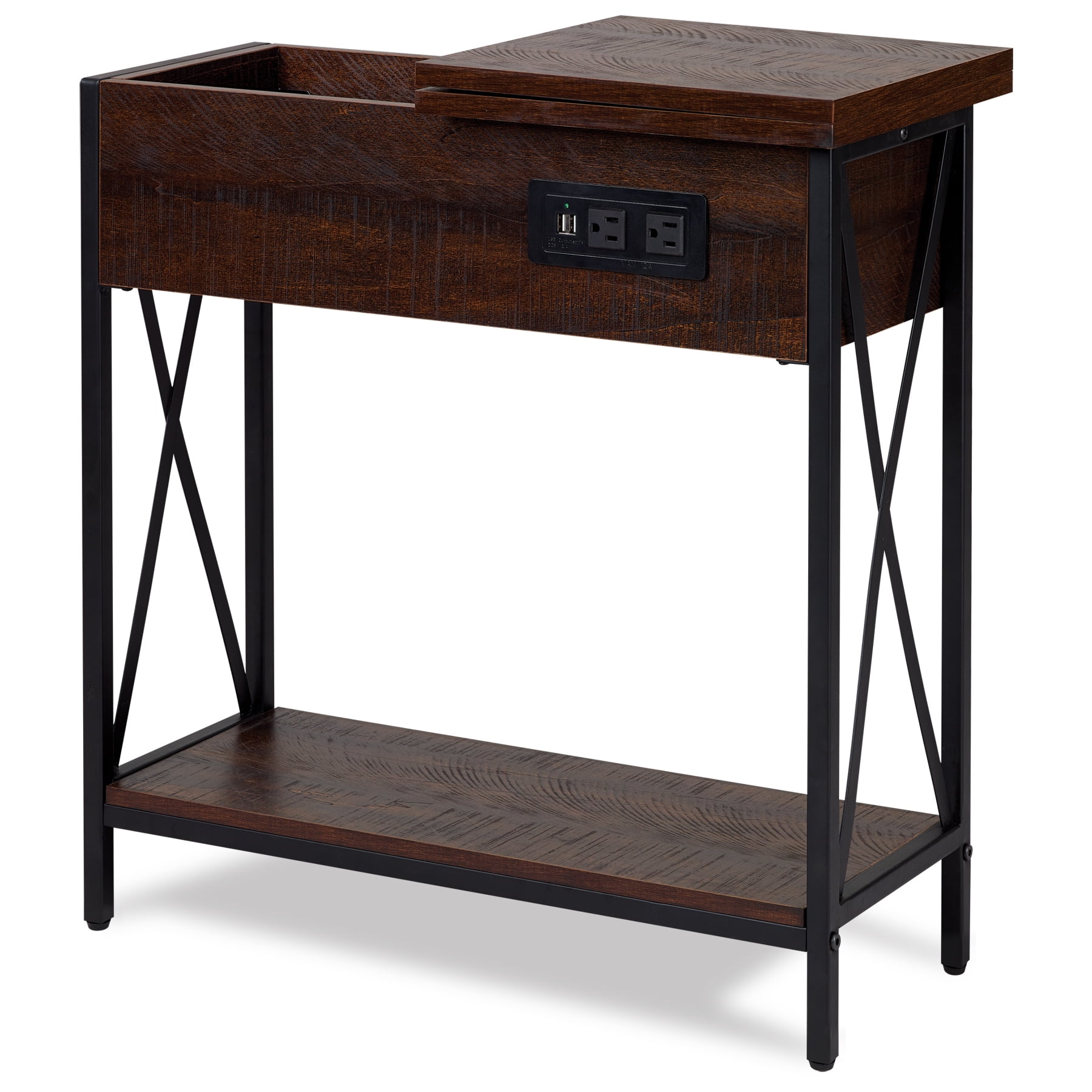 DecorTech Metal and Wood Flip Top End Table with AC Power and USB Charging Ports, Walnut