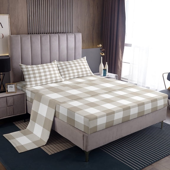 Erosebridal Brown Buffalo Sheet Set Twin,Abstract Artwork Bedding Sets Twin Size,Geometric Plaid Twin Sheet Sets,Super Cozy Grid Room Decorative,3pcs