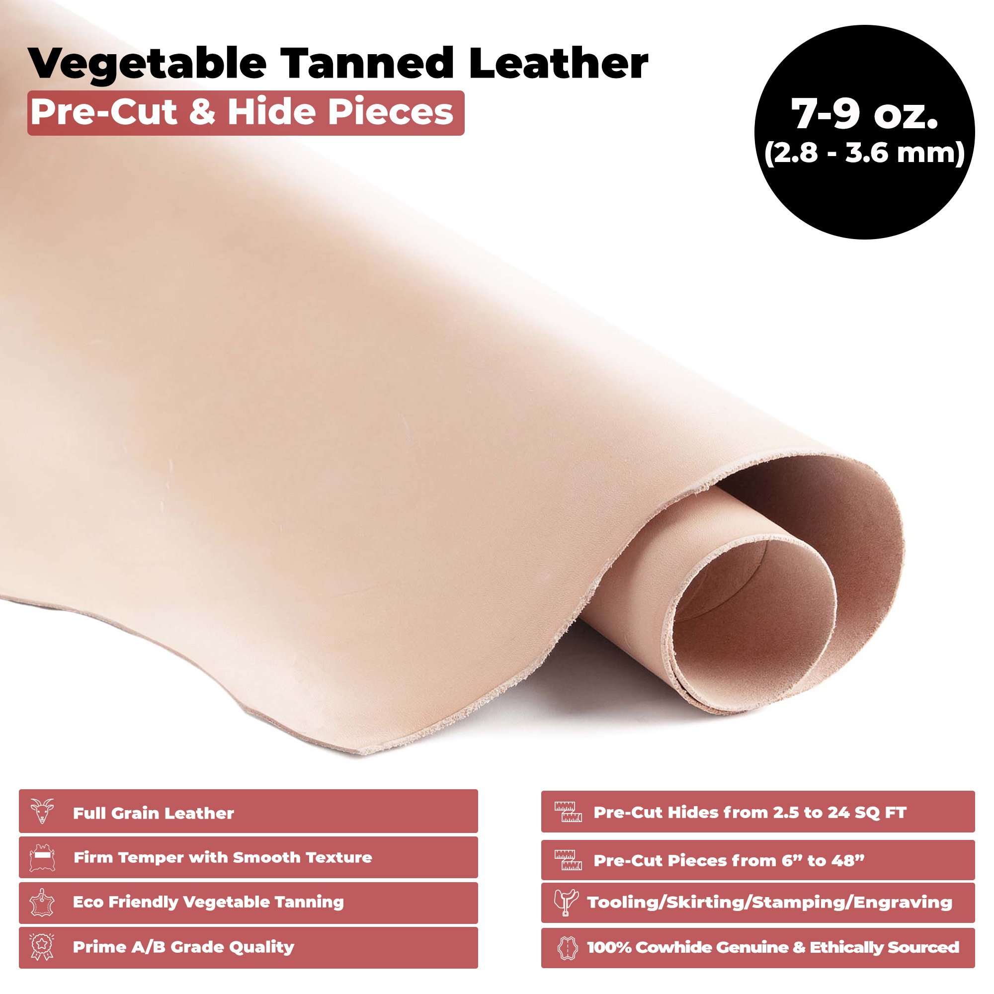 European Leather Work 7-9 oz 2.8-3.6 mm Vegetable Tanned Leather Pre-Cut  Size: 12x12 Full Grain Cowhide Leather for Tooling, Engraving 