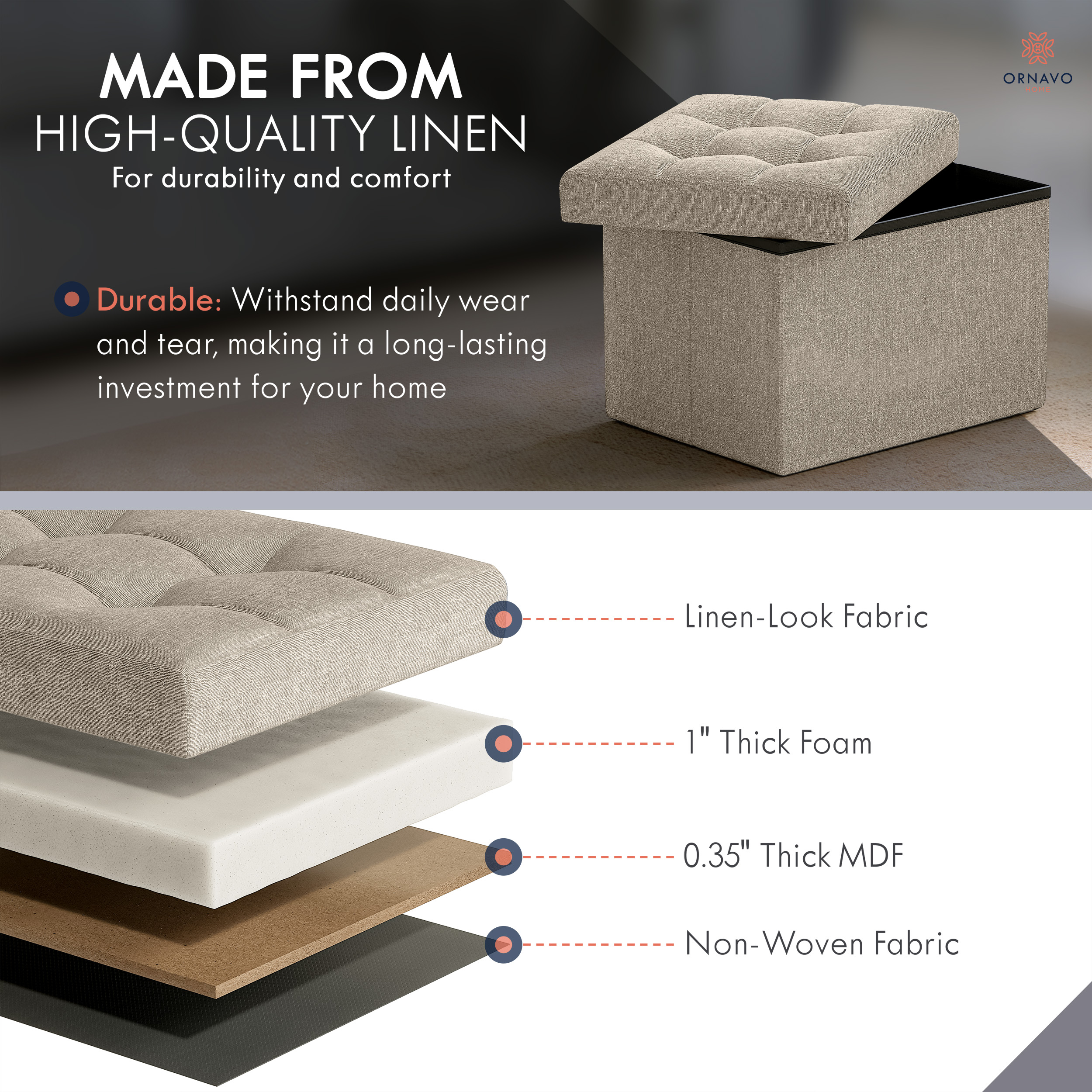 Ornavo Home Small Storage Ottoman, Beige Linen photo 3