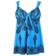 Plus Size Sky Blue Retro Print Fashion Pin Up Swimdress Style Tankini Set