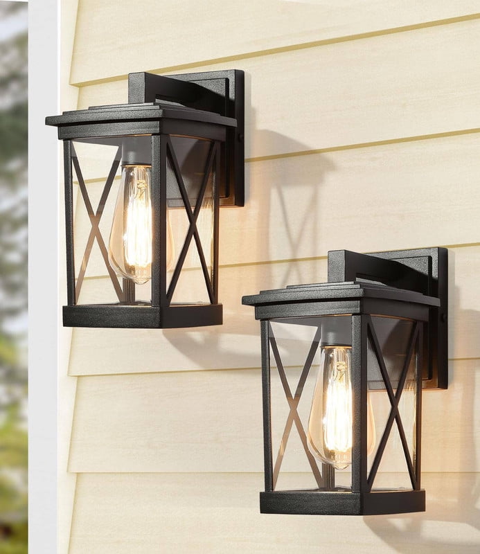 LNC 2-Pack Sandy Black Clear Glass Square Cage Outdoor Wall Lights