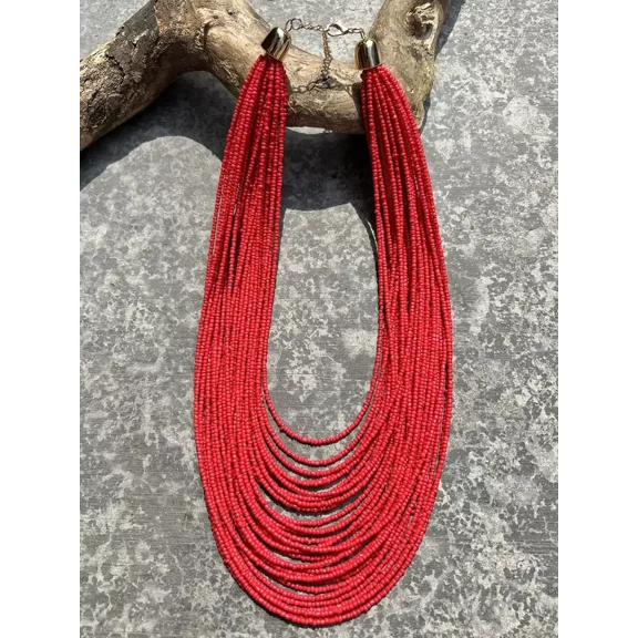 Red Beaded Layered Statement Necklace With Goldtone Clasp