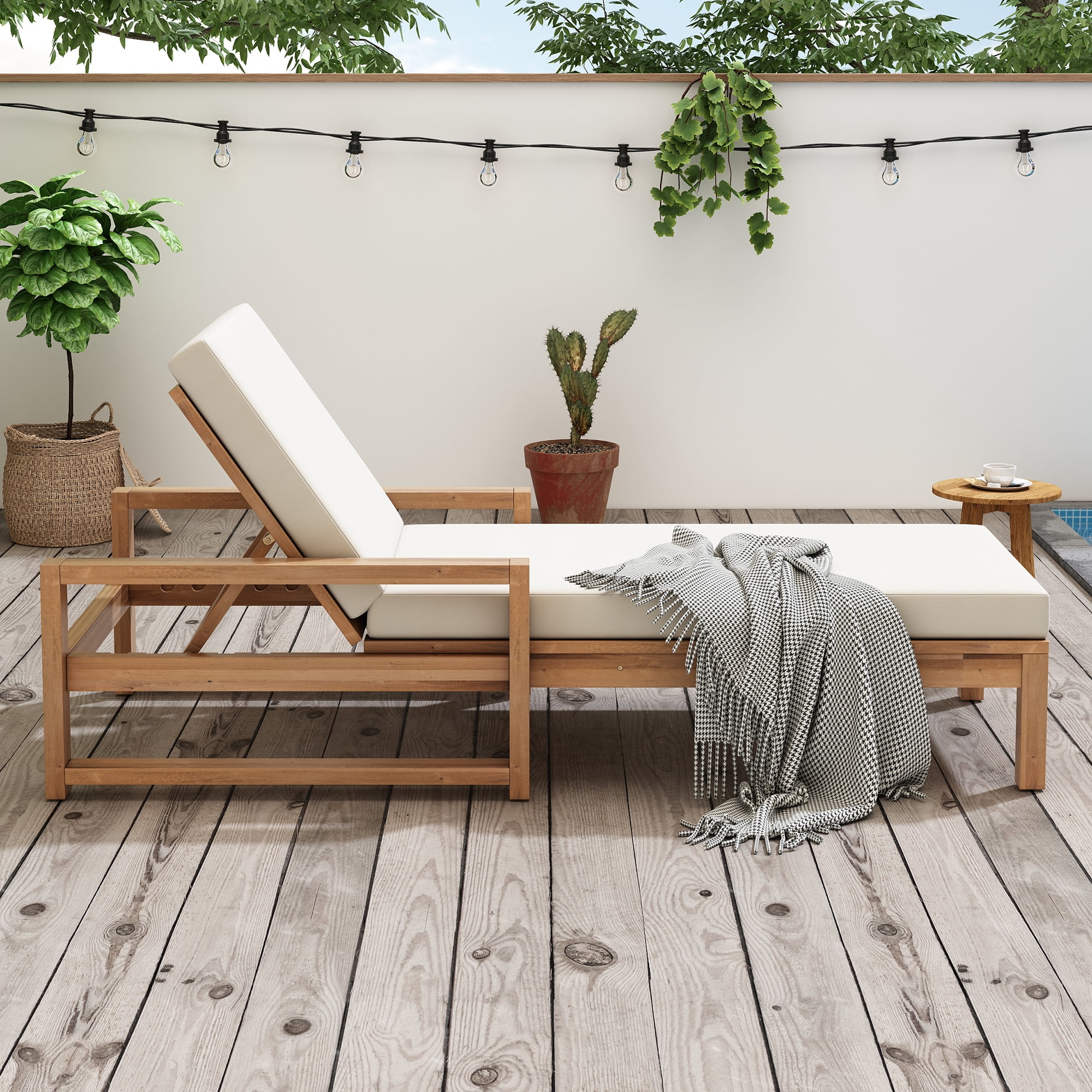 Cushioned 5 Position Lounge Chair, Outdoor Patio Recliner with Soft Pad for Backyard Deck, Light Teak