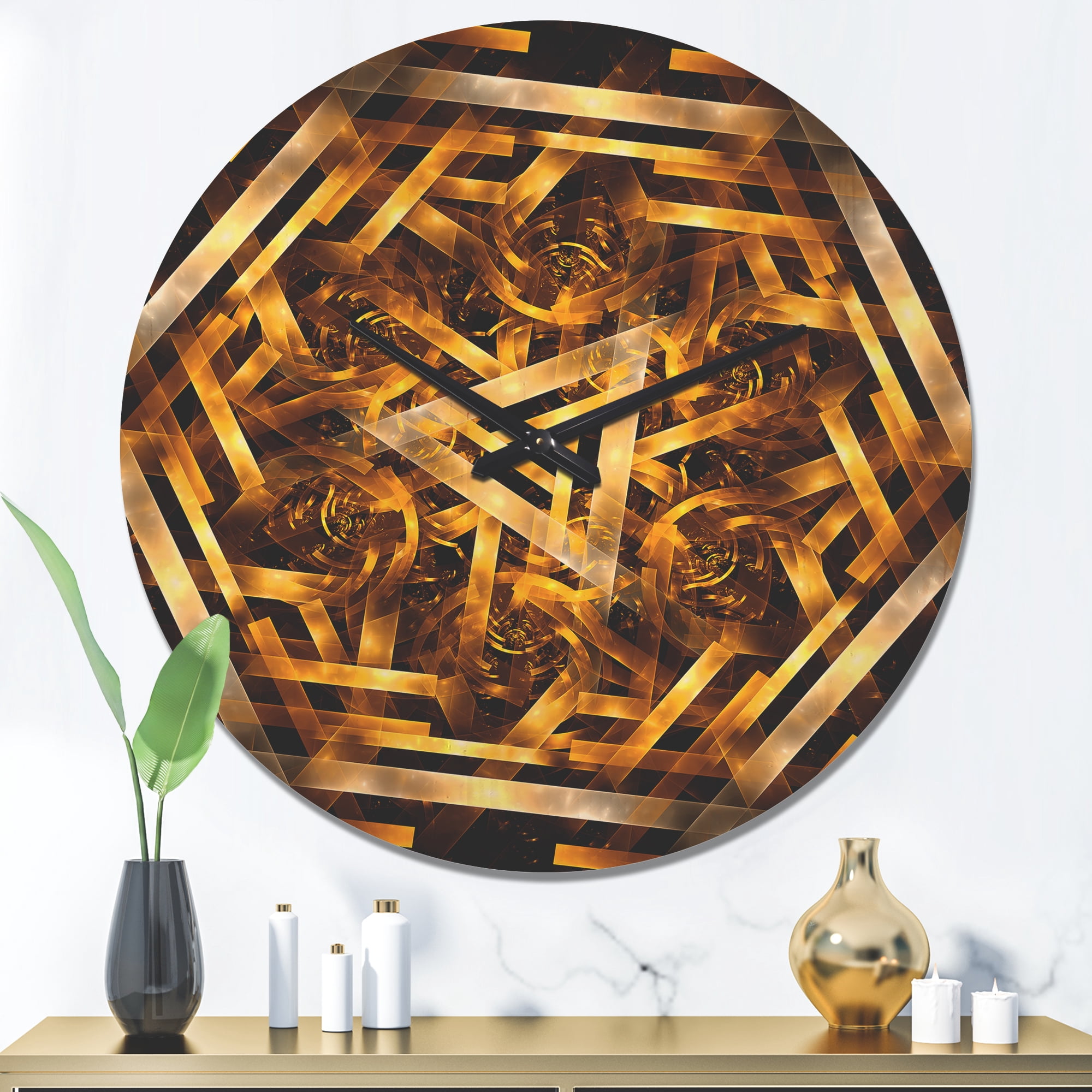 Designart 'Yellowish Hexagon Fractal 3D' Modern Wood Wall Clock