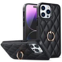 ELEHOLD for iPhone 14 Pro 6.1 inch 2022 Case, Luxury Rhomboid Quilted PU Leather Soft TPU Bumper 360 Degee Rotatable Metal Finger Ring Holder Kickstand Shockproof Case for iPhone 14 Pro, Black