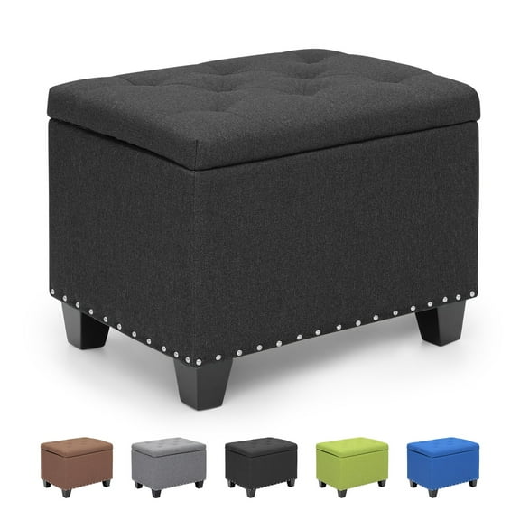 OSM 24 Inch Modern Storage Ottoman Bench, 40L Inner Space Linen Foot Stool for Bedroom, Upholstered Padded Rectangular Fabric Tufted Bench Footrest with Wood Legs with 600 Lbs Capacity, Black