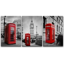 wall26 3 Panel Canvas Wall Art - Red Color Splash Phone Booth with Black and White Cityscape Background - Giclee Print Gallery Wrap Modern Home Art Ready to Hang - 24"x36" x 3 Panels